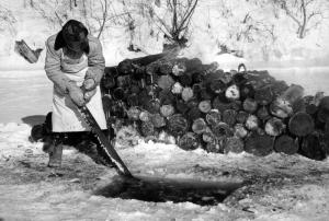 A Man Cutting Ice using a Two-Handed Crosscut Saw