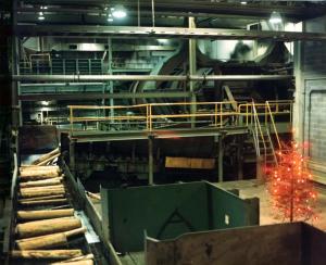 Plate-forme de bois écorcé  à l'usine Fraser d'Edmundston