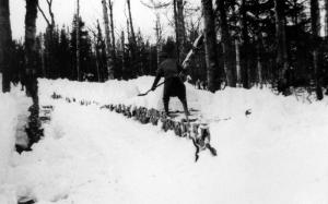 Un bcheron enlve la neige sur une corde de bois