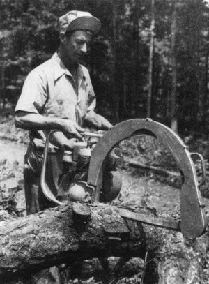 Logger Cutting  with an Old Model Chain Saw