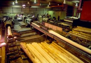 Three Workers Observing the Barkers inside the Fraser Sawmill  in Plaster Rock