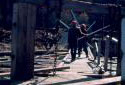 Deux hommes envoient les billots au monte-billes de l'atelier de sciage à la scierie de Plaster Rock