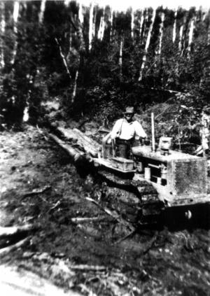 A Worker with a Bulldozer Pulling Trees